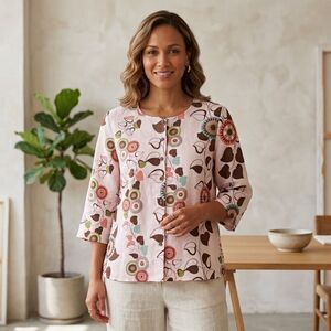 Hot Cotton Marc Ware Floral Botanical Print Plus Size 1X Linen Cotton Button Up